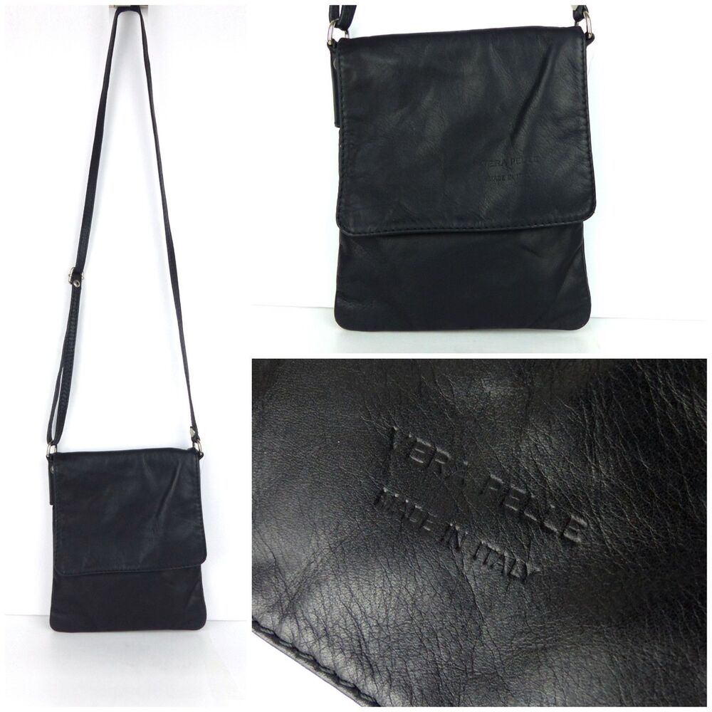 Vera Pelle Black Soft Leather Crossbody Bag Italy Fold Over Flap Purse Rock Goth